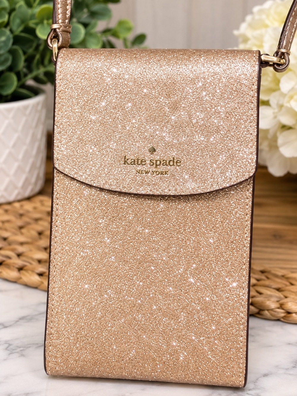 kate spade New York Rose Gold Glitter Crossbody Phone Bag